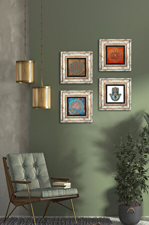 Yaşam Çiçeği, Sri Yantra, Fatma Ana Eli (Hamsa) Taş Duvar Tablosu Çerçeveli Duvar Dekoru 4 Parça Tablo Seti Wall Art