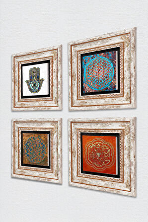 Yaşam Çiçeği, Sri Yantra, Fatma Ana Eli (Hamsa) Taş Duvar Tablosu Çerçeveli Duvar Dekoru 4 Parça Tablo Seti Wall Art