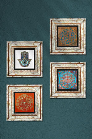 Yaşam Çiçeği, Sri Yantra, Fatma Ana Eli (Hamsa) Taş Duvar Tablosu Çerçeveli Duvar Dekoru 4 Parça Tablo Seti Wall Art