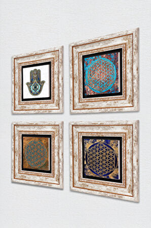 Yaşam Çiçeği, Fatma Ana Eli (Hamsa) Taş Duvar Tablosu Çerçeveli Duvar Dekoru 4 Parça Tablo Seti Wall Art