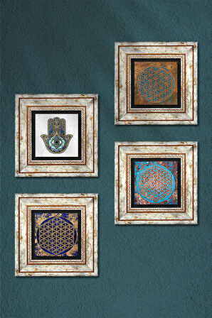 Yaşam Çiçeği, Fatma Ana Eli (Hamsa) Taş Duvar Tablosu Çerçeveli Duvar Dekoru 4 Parça Tablo Seti Wall Art