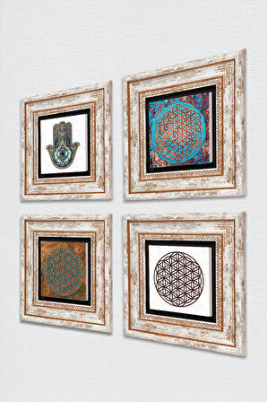 Yaşam Çiçeği, Fatma Ana Eli (Hamsa) Taş Duvar Tablosu Çerçeveli Duvar Dekoru 4 Parça Tablo Seti Wall Art
