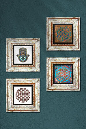 Yaşam Çiçeği, Fatma Ana Eli (Hamsa) Taş Duvar Tablosu Çerçeveli Duvar Dekoru 4 Parça Tablo Seti Wall Art