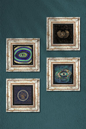 Horus'un Gözü, Nazar Taş Duvar Tablosu Çerçeveli Duvar Dekoru 4 Parça Tablo Seti Wall Art