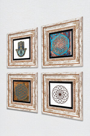 Yaşam Çiçeği, Fatma Ana Eli (Hamsa) Taş Duvar Tablosu Çerçeveli Duvar Dekoru 4 Parça Tablo Seti Wall Art