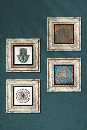 Yaşam Çiçeği, Fatma Ana Eli (Hamsa) Taş Duvar Tablosu Çerçeveli Duvar Dekoru 4 Parça Tablo Seti Wall Art