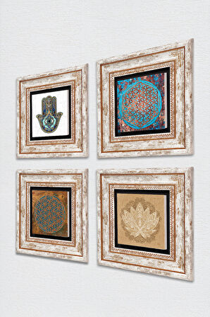 Yaşam Çiçeği, Lotus Çiçeği, Fatma Ana Eli (Hamsa) Taş Duvar Tablosu Çerçeveli Duvar Dekoru 4 Parça Tablo Seti Wall Art