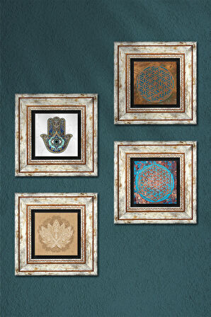 Yaşam Çiçeği, Lotus Çiçeği, Fatma Ana Eli (Hamsa) Taş Duvar Tablosu Çerçeveli Duvar Dekoru 4 Parça Tablo Seti Wall Art