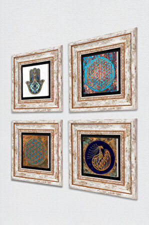 Yaşam Çiçeği, Tavus Kuşu, Fatma Ana Eli (Hamsa) Taş Duvar Tablosu Çerçeveli Duvar Dekoru 4 Parça Tablo Seti Wall Art
