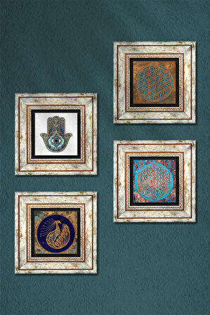 Yaşam Çiçeği, Tavus Kuşu, Fatma Ana Eli (Hamsa) Taş Duvar Tablosu Çerçeveli Duvar Dekoru 4 Parça Tablo Seti Wall Art