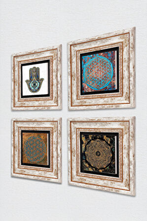 Sri Yantra, Yaşam Çiçeği, Fatma Ana Eli (Hamsa) Taş Duvar Tablosu Çerçeveli Duvar Dekoru 4 Parça Tablo Seti Wall Art