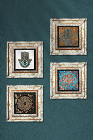 Sri Yantra, Yaşam Çiçeği, Fatma Ana Eli (Hamsa) Taş Duvar Tablosu Çerçeveli Duvar Dekoru 4 Parça Tablo Seti Wall Art