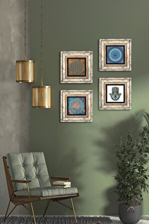 Nazar, Yaşam Çiçeği, Fatma Ana Eli (Hamsa) Taş Duvar Tablosu Çerçeveli Duvar Dekoru 4 Parça Tablo Seti Wall Art