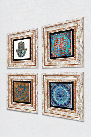 Nazar, Yaşam Çiçeği, Fatma Ana Eli (Hamsa) Taş Duvar Tablosu Çerçeveli Duvar Dekoru 4 Parça Tablo Seti Wall Art