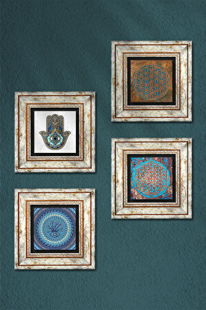 Nazar, Yaşam Çiçeği, Fatma Ana Eli (Hamsa) Taş Duvar Tablosu Çerçeveli Duvar Dekoru 4 Parça Tablo Seti Wall Art