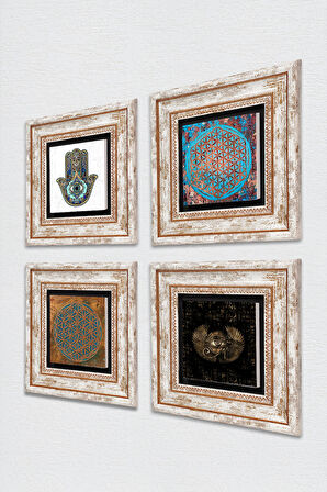 Horus'un Gözü, Yaşam Çiçeği, Fatma Ana Eli (Hamsa) Taş Duvar Tablosu Çerçeveli Duvar Dekoru 4 Parça Tablo Seti Wall Art