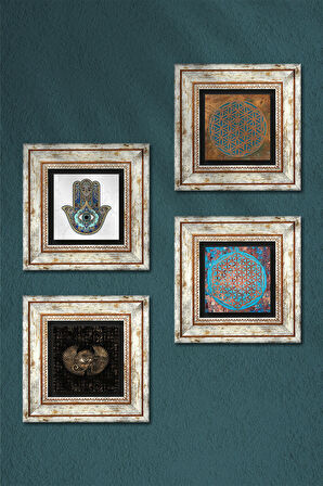 Horus'un Gözü, Yaşam Çiçeği, Fatma Ana Eli (Hamsa) Taş Duvar Tablosu Çerçeveli Duvar Dekoru 4 Parça Tablo Seti Wall Art