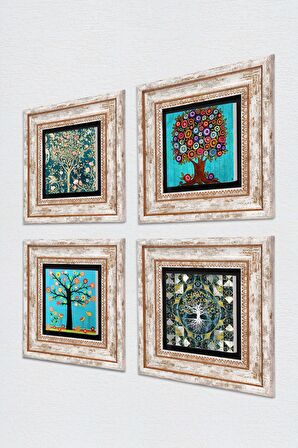 Hayat Ağacı Taş Duvar Tablosu Çerçeveli Duvar Dekoru 4 Parça Tablo Seti Wall Art