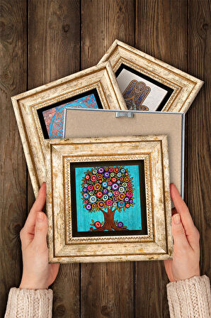 Hayat Ağacı Taş Duvar Tablosu Çerçeveli Duvar Dekoru 4 Parça Tablo Seti Wall Art