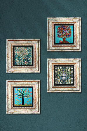 Hayat Ağacı Taş Duvar Tablosu Çerçeveli Duvar Dekoru 4 Parça Tablo Seti Wall Art