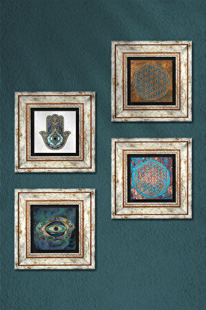 Nazar, Yaşam Çiçeği, Fatma Ana Eli (Hamsa) Taş Duvar Tablosu Çerçeveli Duvar Dekoru 4 Parça Tablo Seti Wall Art