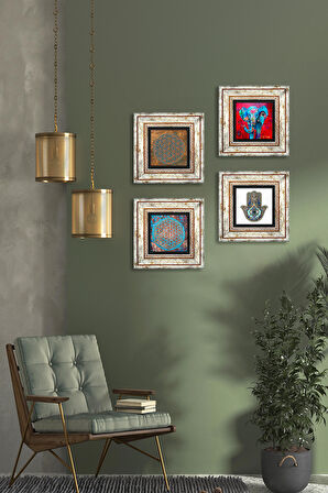 Fil, Yaşam Çiçeği, Fatma Ana Eli (Hamsa) Taş Duvar Tablosu Çerçeveli Duvar Dekoru 4 Parça Tablo Seti Wall Art