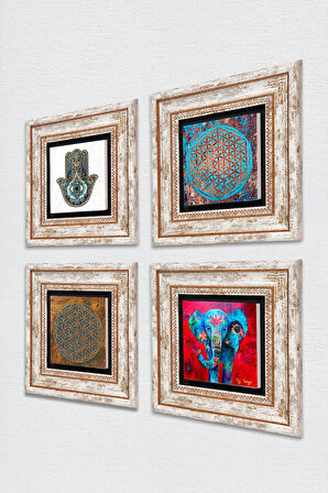 Fil, Yaşam Çiçeği, Fatma Ana Eli (Hamsa) Taş Duvar Tablosu Çerçeveli Duvar Dekoru 4 Parça Tablo Seti Wall Art
