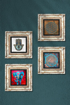 Fil, Yaşam Çiçeği, Fatma Ana Eli (Hamsa) Taş Duvar Tablosu Çerçeveli Duvar Dekoru 4 Parça Tablo Seti Wall Art