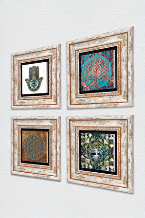 Hayat Ağacı, Yaşam Çiçeği, Fatma Ana Eli (Hamsa) Taş Duvar Tablosu Çerçeveli Duvar Dekoru 4 Parça Tablo Seti Wall Art