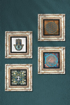 Hayat Ağacı, Yaşam Çiçeği, Fatma Ana Eli (Hamsa) Taş Duvar Tablosu Çerçeveli Duvar Dekoru 4 Parça Tablo Seti Wall Art