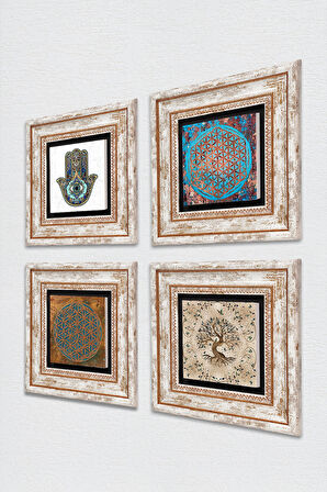 Yaşam Çiçeği, Hayat Ağacı, Fatma Ana Eli (Hamsa) Taş Duvar Tablosu Çerçeveli Duvar Dekoru 4 Parça Tablo Seti Wall Art