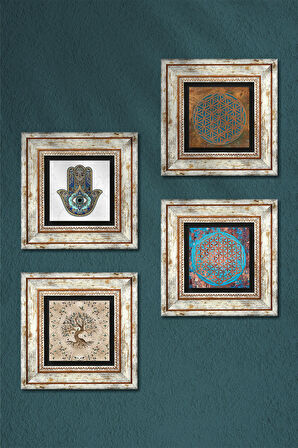 Yaşam Çiçeği, Hayat Ağacı, Fatma Ana Eli (Hamsa) Taş Duvar Tablosu Çerçeveli Duvar Dekoru 4 Parça Tablo Seti Wall Art