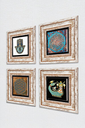 Yaşam Çiçeği, Şahmeran, Fatma Ana Eli (Hamsa) Taş Duvar Tablosu Çerçeveli Duvar Dekoru 4 Parça Tablo Seti Wall Art