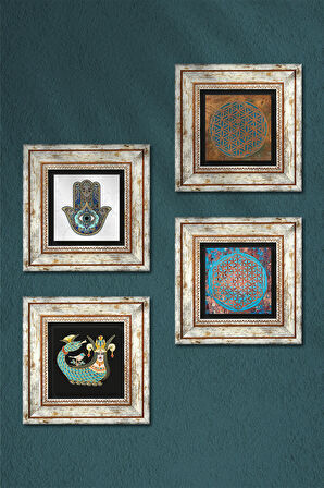 Yaşam Çiçeği, Şahmeran, Fatma Ana Eli (Hamsa) Taş Duvar Tablosu Çerçeveli Duvar Dekoru 4 Parça Tablo Seti Wall Art