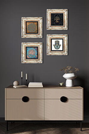Yaşam Çiçeği, Hayat Ağacı, Fatma Ana Eli (Hamsa) Taş Duvar Tablosu Çerçeveli Duvar Dekoru 4 Parça Tablo Seti Wall Art