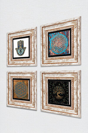 Yaşam Çiçeği, Hayat Ağacı, Fatma Ana Eli (Hamsa) Taş Duvar Tablosu Çerçeveli Duvar Dekoru 4 Parça Tablo Seti Wall Art