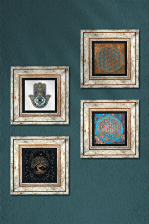 Yaşam Çiçeği, Hayat Ağacı, Fatma Ana Eli (Hamsa) Taş Duvar Tablosu Çerçeveli Duvar Dekoru 4 Parça Tablo Seti Wall Art