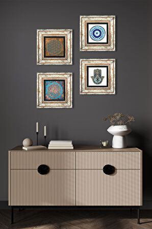 Nazar, Yaşam Çiçeği, Fatma Ana Eli (Hamsa) Taş Duvar Tablosu Çerçeveli Duvar Dekoru 4 Parça Tablo Seti Wall Art