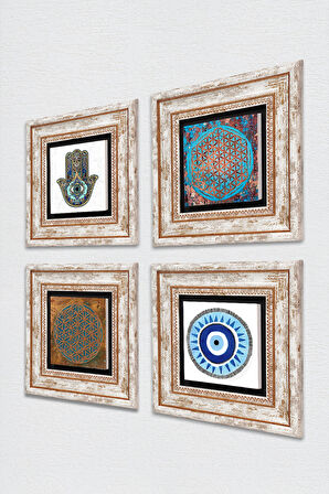 Nazar, Yaşam Çiçeği, Fatma Ana Eli (Hamsa) Taş Duvar Tablosu Çerçeveli Duvar Dekoru 4 Parça Tablo Seti Wall Art