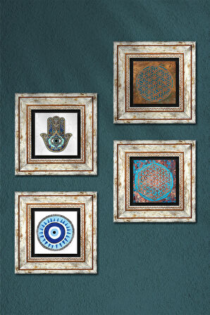 Nazar, Yaşam Çiçeği, Fatma Ana Eli (Hamsa) Taş Duvar Tablosu Çerçeveli Duvar Dekoru 4 Parça Tablo Seti Wall Art