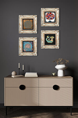 Yaşam Çiçeği, Şahmeran, Nar Ağacı Taş Duvar Tablosu Çerçeveli Duvar Dekoru 4 Parça Tablo Seti Wall Art