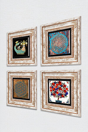 Yaşam Çiçeği, Şahmeran, Nar Ağacı Taş Duvar Tablosu Çerçeveli Duvar Dekoru 4 Parça Tablo Seti Wall Art