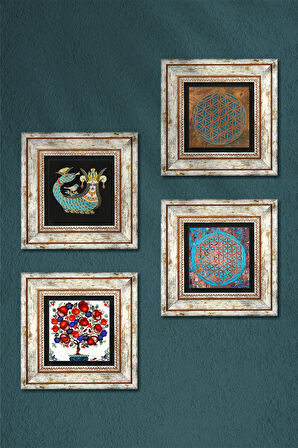 Yaşam Çiçeği, Şahmeran, Nar Ağacı Taş Duvar Tablosu Çerçeveli Duvar Dekoru 4 Parça Tablo Seti Wall Art