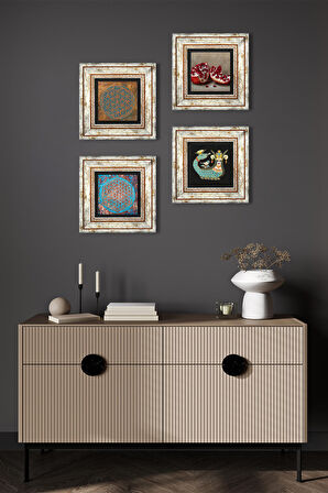 Yaşam Çiçeği, Şahmeran, Nar Taş Duvar Tablosu Çerçeveli Duvar Dekoru 4 Parça Tablo Seti Wall Art