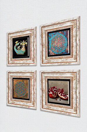 Yaşam Çiçeği, Şahmeran, Nar Taş Duvar Tablosu Çerçeveli Duvar Dekoru 4 Parça Tablo Seti Wall Art