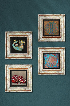Yaşam Çiçeği, Şahmeran, Nar Taş Duvar Tablosu Çerçeveli Duvar Dekoru 4 Parça Tablo Seti Wall Art
