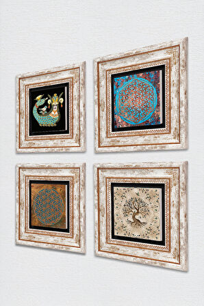 Yaşam Çiçeği, Şahmeran, Hayat Ağacı Taş Duvar Tablosu Çerçeveli Duvar Dekoru 4 Parça Tablo Seti Wall Art