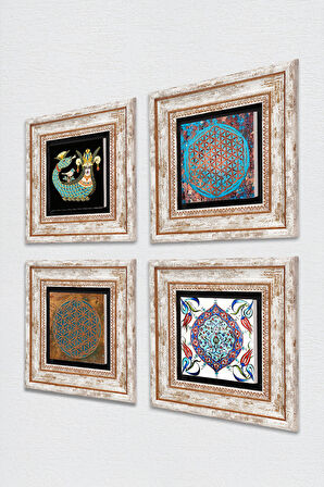 Yaşam Çiçeği, Çini Sanatı, Şahmeran Taş Duvar Tablosu Çerçeveli Duvar Dekoru 4 Parça Tablo Seti Wall Art