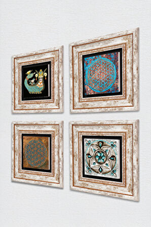 Yaşam Çiçeği, Çini Sanatı, Şahmeran Taş Duvar Tablosu Çerçeveli Duvar Dekoru 4 Parça Tablo Seti Wall Art