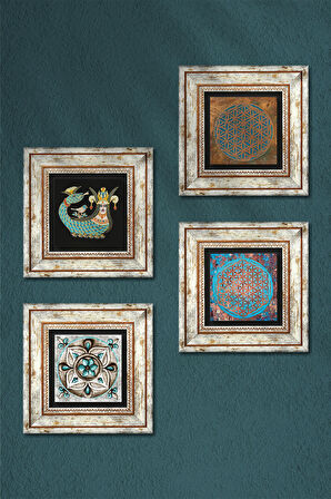 Yaşam Çiçeği, Çini Sanatı, Şahmeran Taş Duvar Tablosu Çerçeveli Duvar Dekoru 4 Parça Tablo Seti Wall Art